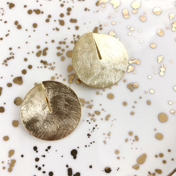 Brushed Gold Split Disk Stud Earrings NEW - Picture 3 of 5